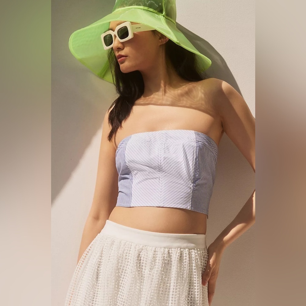 Pernille Rosenkilde Anthropologie Strapless Blue white stripe Crop Top Large NWT